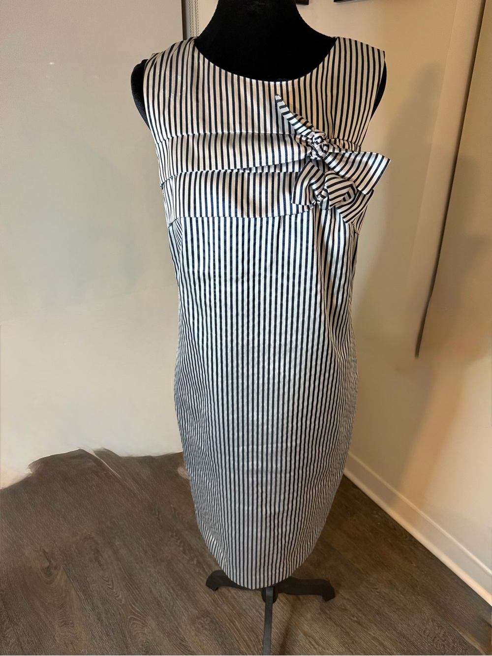 Banana Republic Navy and White Vertical Stripe Bow Sheath Dress